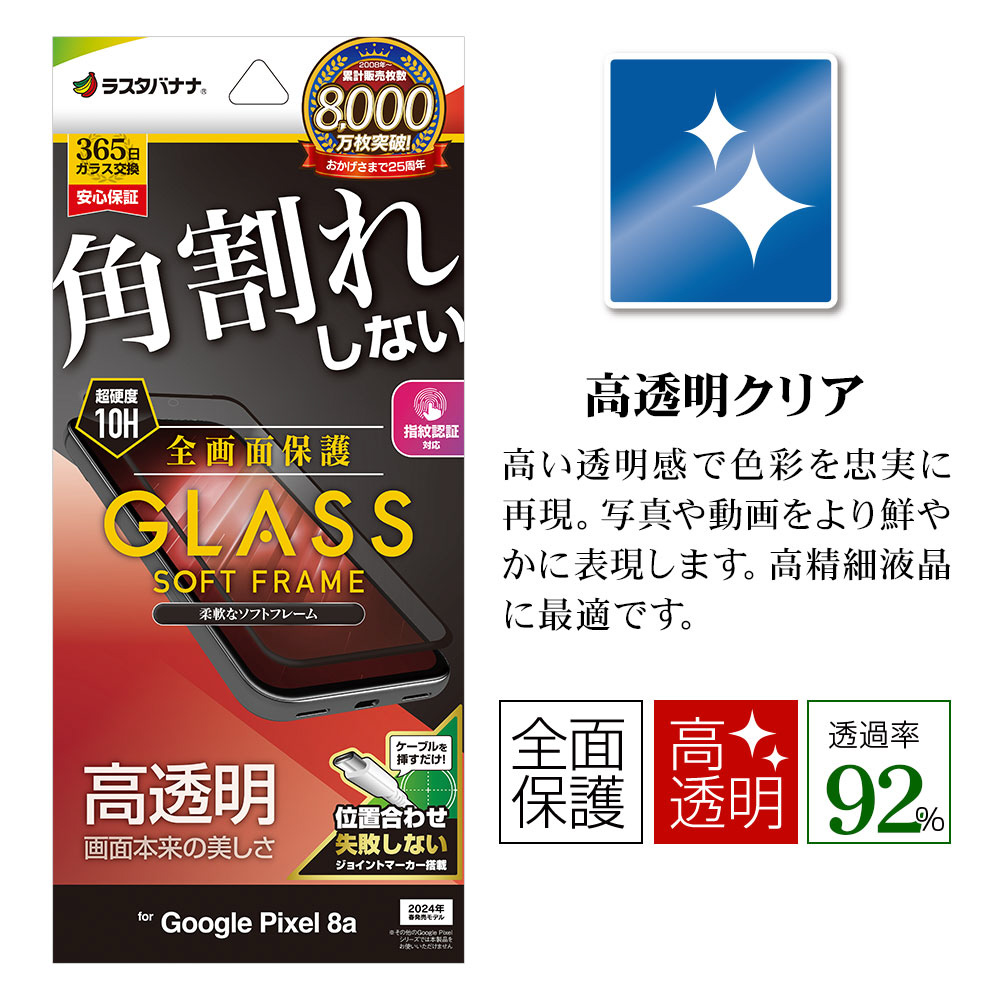 Google Pixel 8a 本体 クリアケース・ガラスフィルム貼付 画面