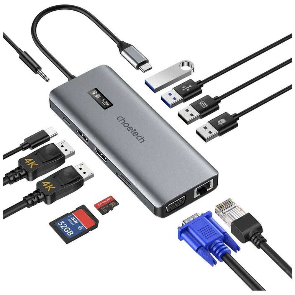 12-in-1 USB-Cマルチポート アダプター［USB-C オス→メス カードスロットｘ2 / HDMIｘ2 / VGA / LAN /  φ3.5mm / USB-Aｘ4 / USB-C］USB PD対応 100W ドッキングステーション シルバー HUB-M26