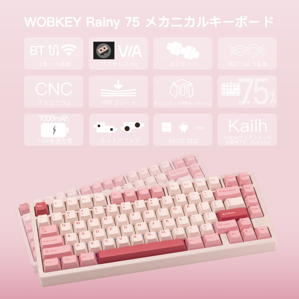 キーボード Rainy 75 Pro系モデル(Cocoa・英語配列) ピンク PR75CPINK